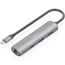 Aisens Dock USB-C a Ethernet Gigabit + Hub 1xUSB-C + 2xUSB-A, Gris